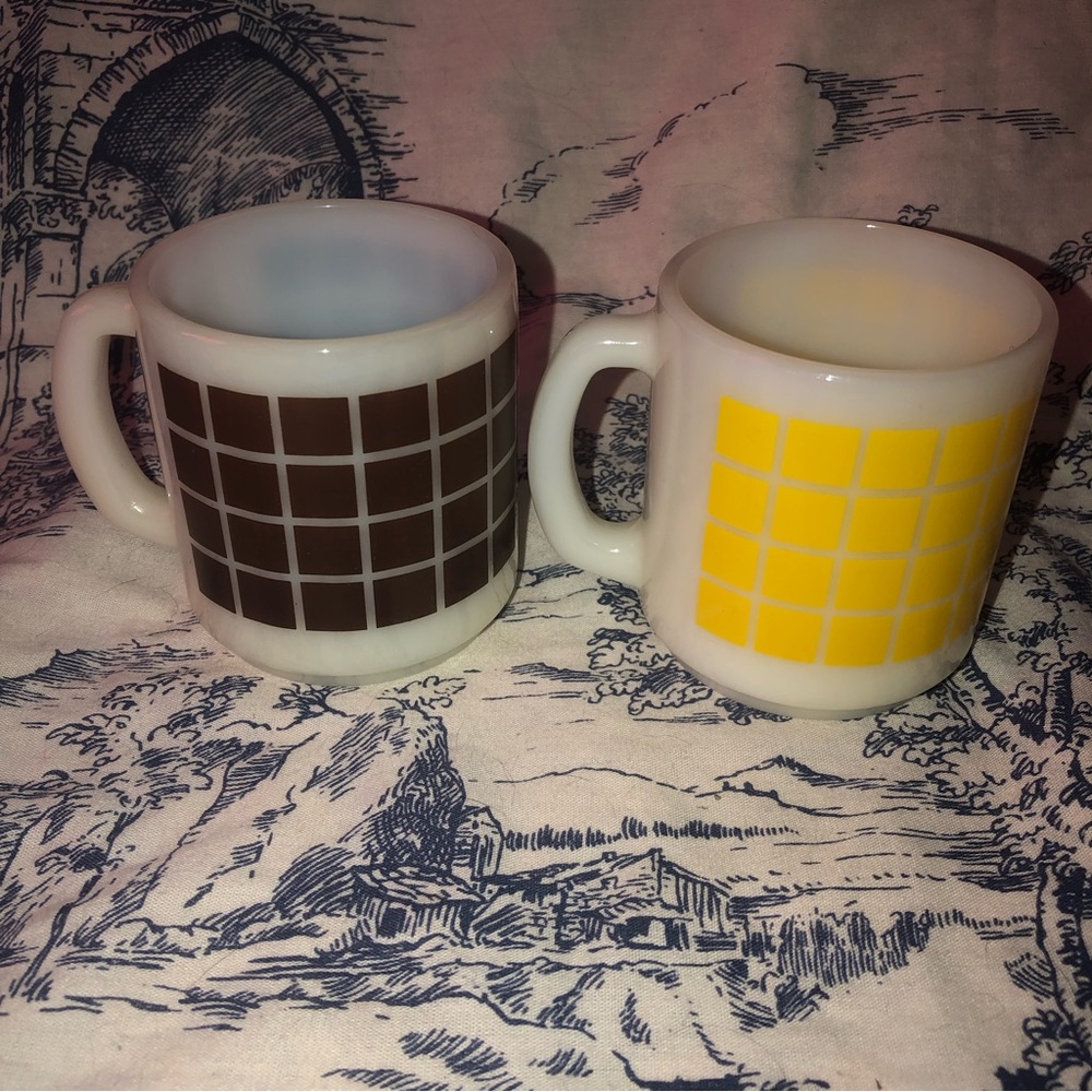 Vintage Termocrisa Brown, Yellow Squares Coffee Mug #7,#9 Mexico Pair Lot.